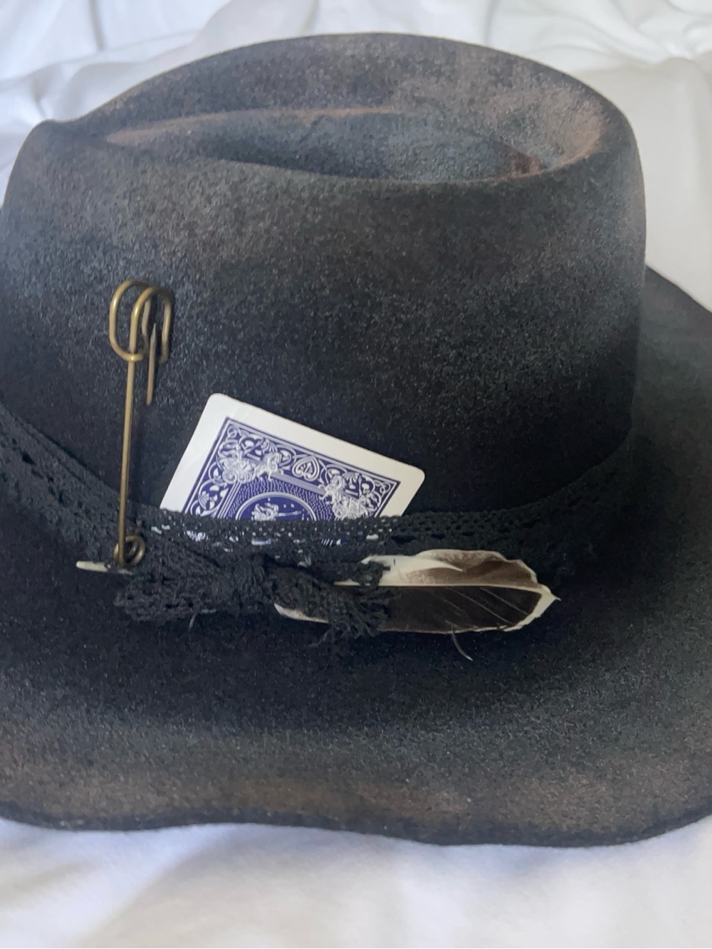 Black Wide Brim Felt Hat with Feather Detail